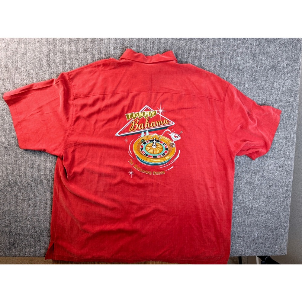 Tommy Bahama Mens XXL Red 100% Silk Roulette Casino Embroidered Camp Shirt Y2K